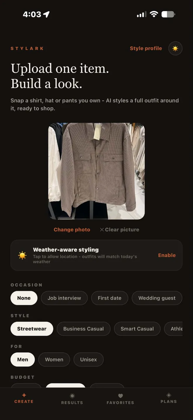 Stylark's create screen with a photo of a houndstooth jacket loaded